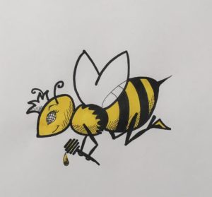 cartoon image of a bee in a crown and high heels holding a honey spoon