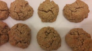 Closeup of six baked oatmeal cookies