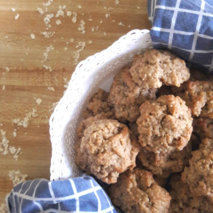 Oatmeal cookies in a white bowl with a blue napkin