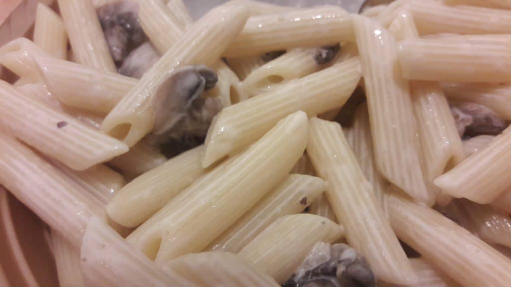Closeup view of Pasta Alfredo with Mushrooms