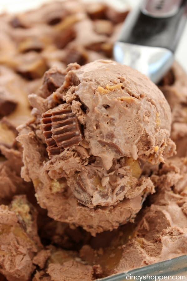 A large scoop of no churn peanut butter ice cream