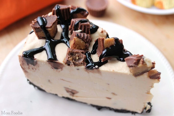 A slice of no bake peanut butter cheesecake on a plate
